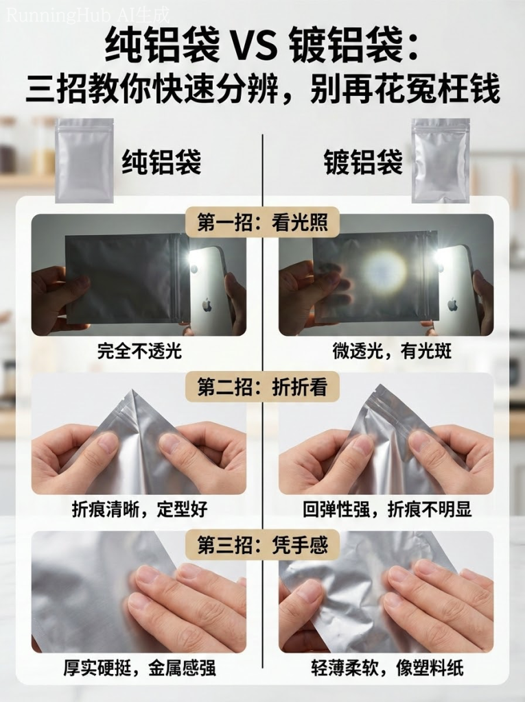 纯铝袋 vs 镀铝袋：三招教你快速分辨，别再花冤枉钱