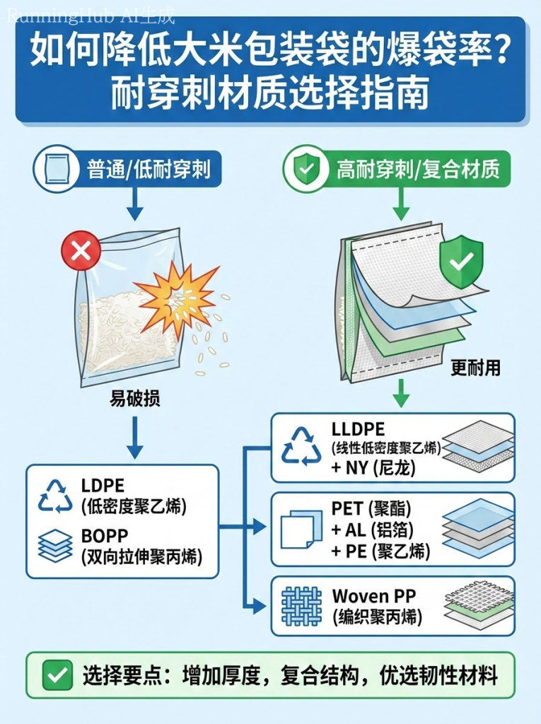 如何降低大米包装袋的爆袋率？耐穿刺材质选择指南