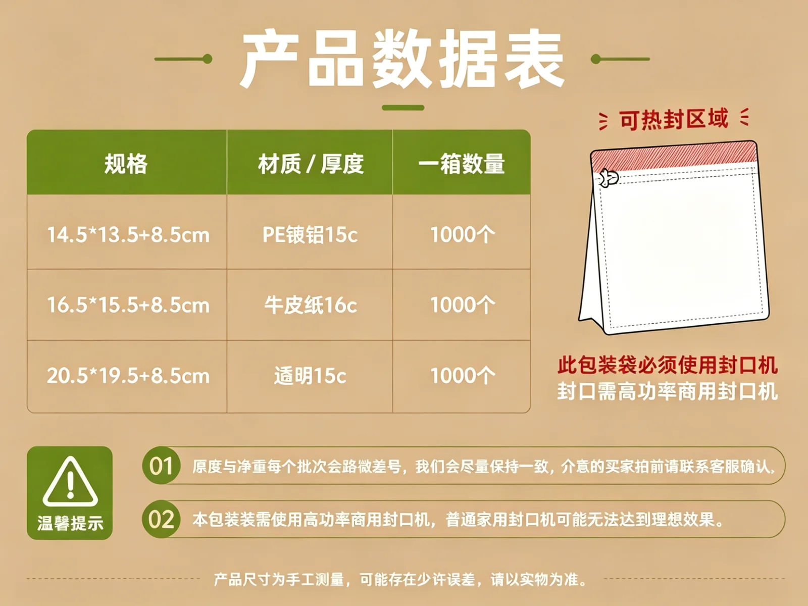 八边封自立袋现货规格厚度与装箱数量表