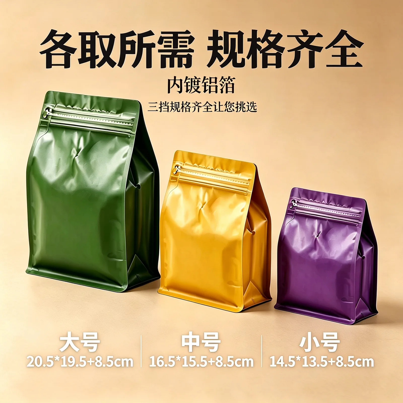 八边封袋大中小规格展示